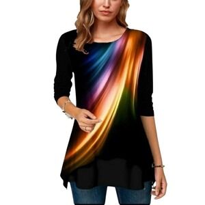 Vibrant Rainbow Swirl Long‎ Sleeve Tunic Top Casual Colorful Blouse Large New